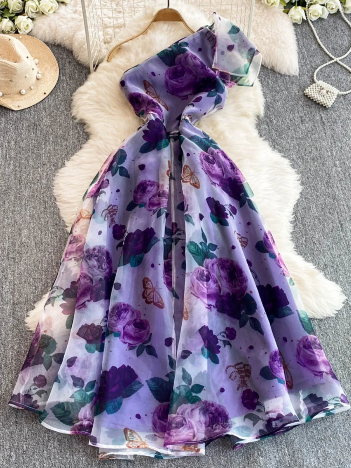 Spring Floral Series Holiday Dr Women's Summer High Waist Slim Fit Sexy Strapl Midi Length Belted Gown Korean Sle