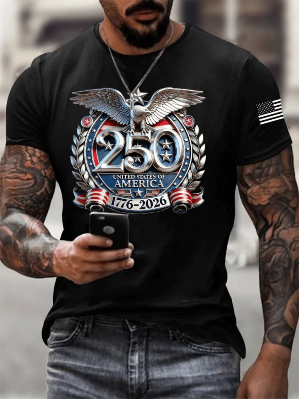 Men's USA 250th Anniversary Eagle Print T-Shirt - Commemorative Short Sleeve Round Neck Casual & Athletic Wear Casual Outfits
