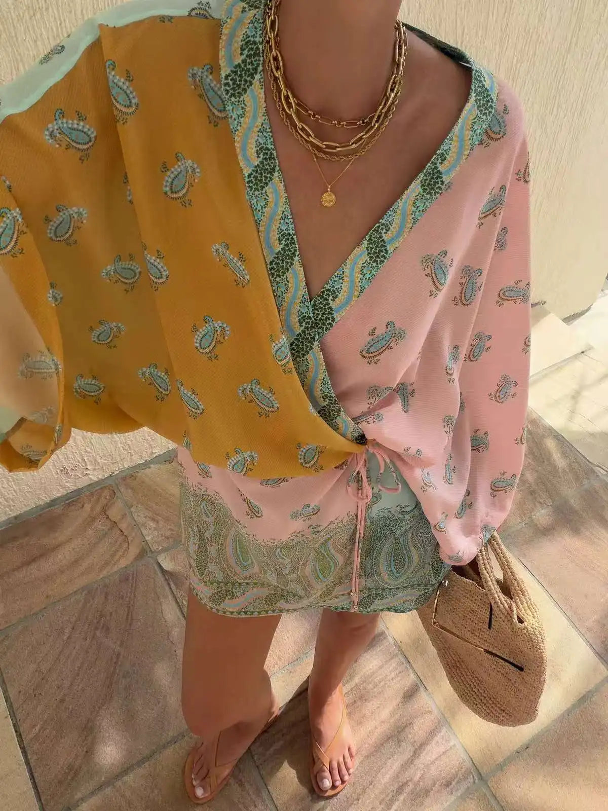 Women Bohemian Wrap Dress, V Neck Lantern Sleeve Paisley Print Tie Waist Mini Dress For Beach Travel Vacation`