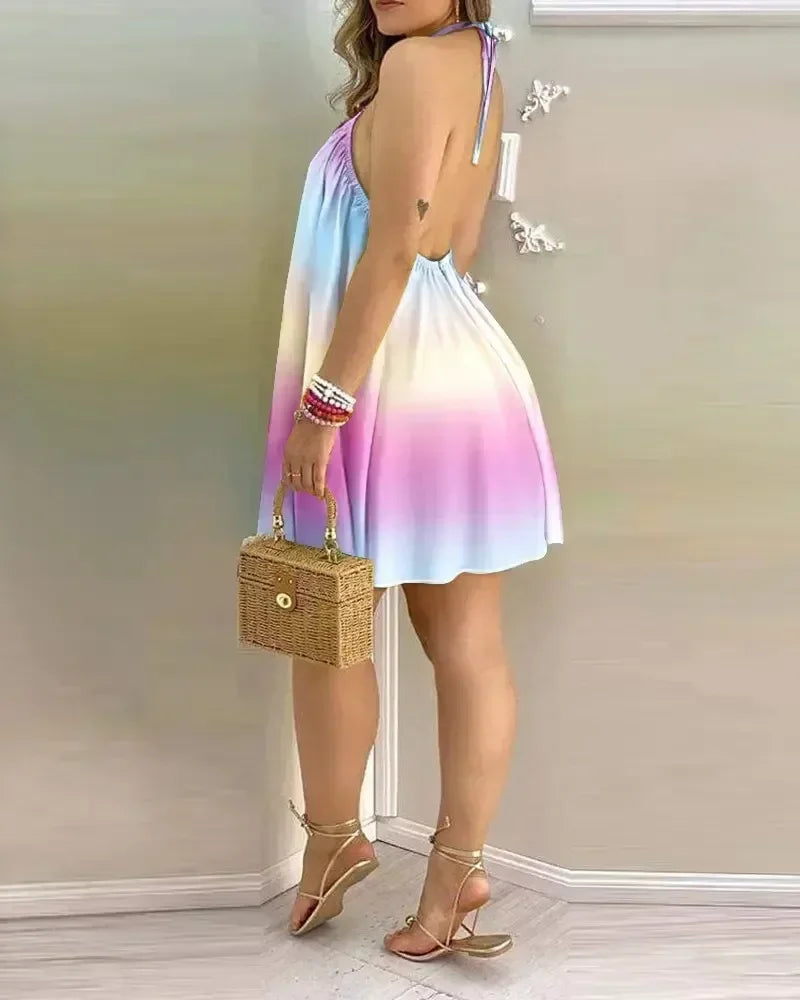 Ladies Sleeveless Beach Dress Halter Neck Tropical Floral Leaf Print Loose Flowy A‑Line Vacation Mini Dress