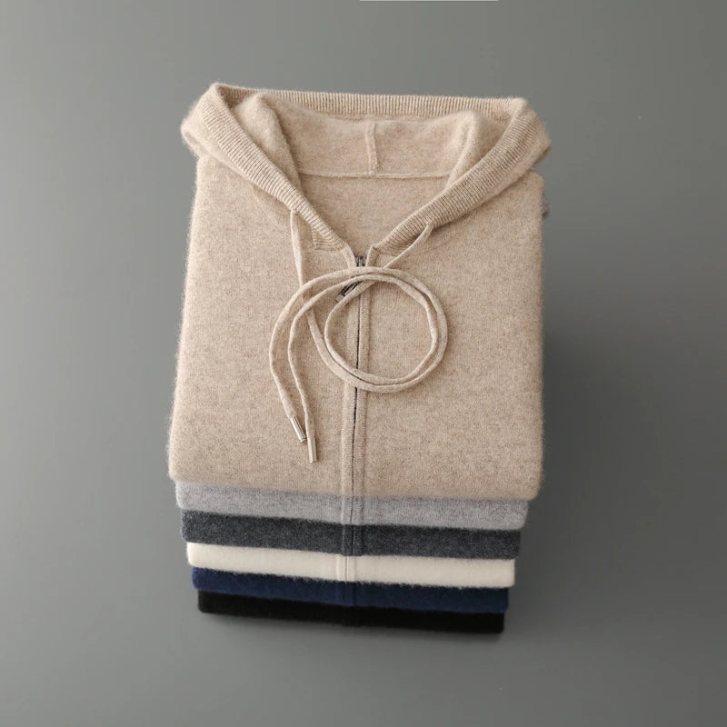 Hot Selling New Style Real Knitted Men's Cardigan Hooded Sweater Loose Full Sleeves Autumn and Winter Men's Pure Wool Sweater
