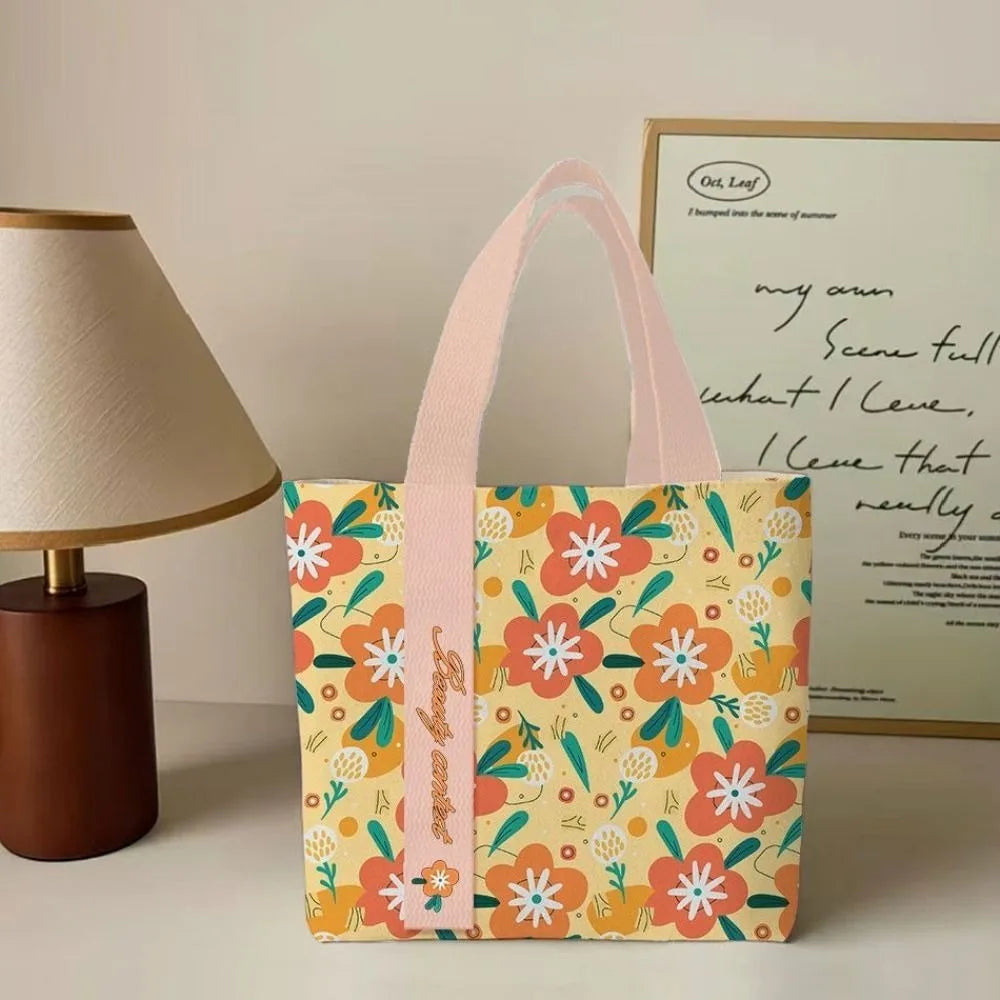 Portable Floral Canvas Tote Bag Large Capacity Reusable Commute Handbag Lightweight Shopping Bag For Work