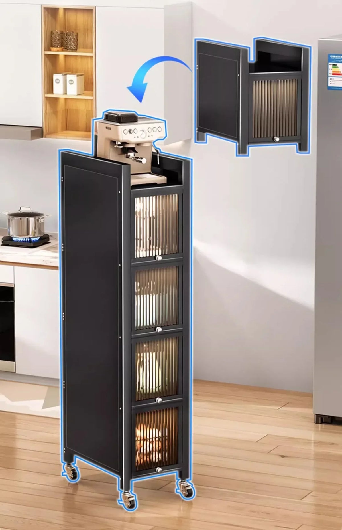 Multi-functional Kitchen Shelf Floor-to-ceiling Shelf Locker Microwave Pot Oven Cabinet Storage Rack with Cabinet Door