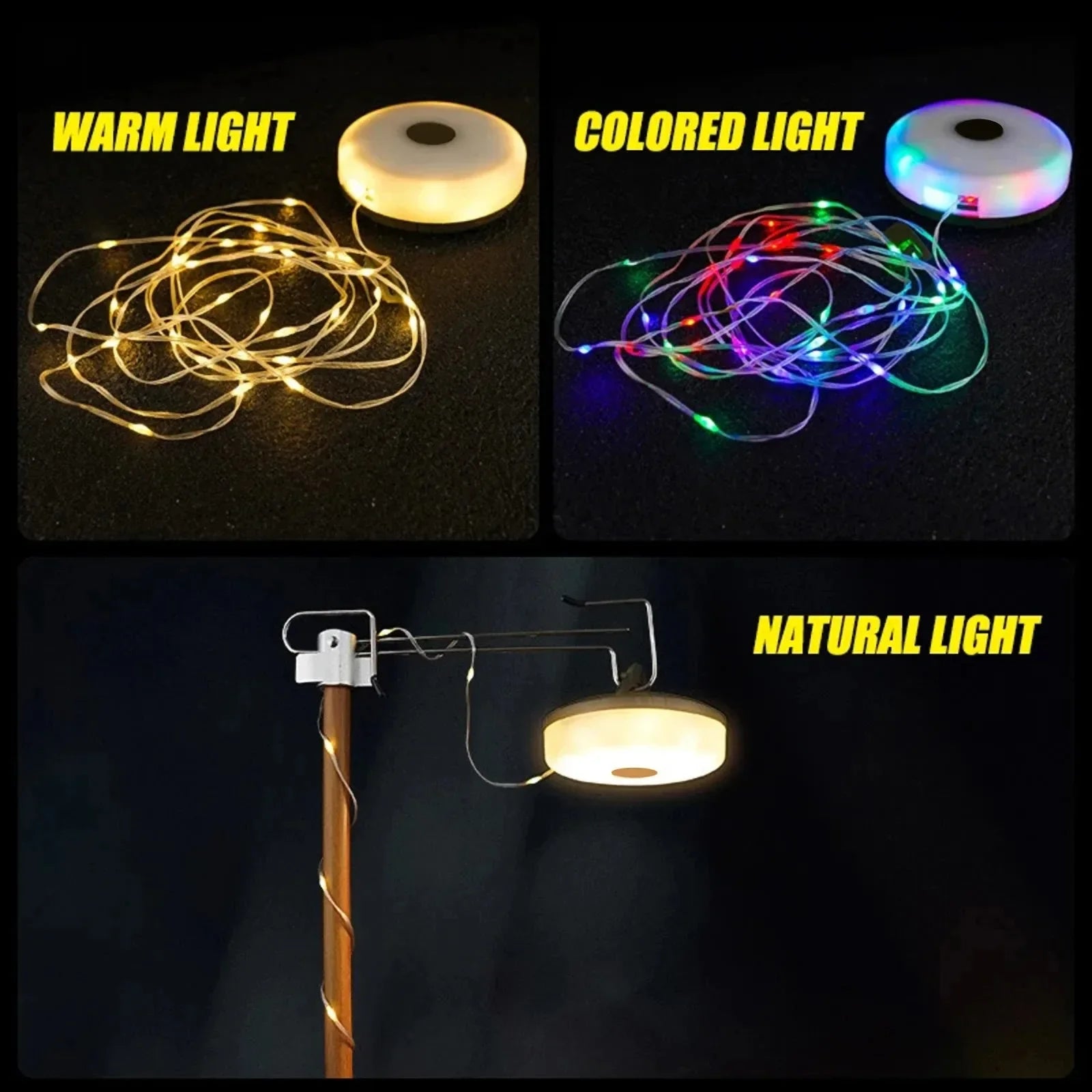 Camping String Lights 2 in1 Outdoor Waterproof Portable Stowable String Light with Lighting Modes USB Camping Lights for Garden