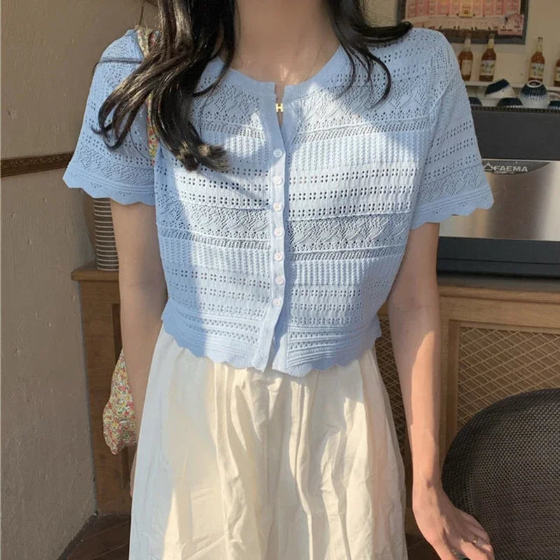 Chic Hollow Out Knitted T-Shirt Women 2026 Summer Button Up Short Sleeve Crop Tee Woman All Match Round Neck T Shirt Female