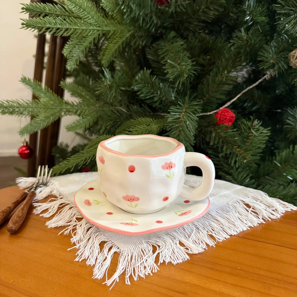 ins style retro flower ceramic cups and saucers, hand-squeezed irregular coffee cups and saucers, afternoon tea cups and saucers