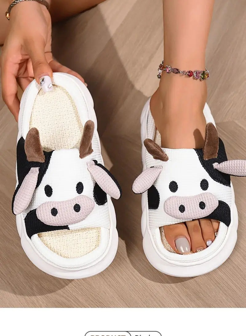 Cartoon Cute Cow House Slippers Women Platform Soft Sole Anti-slip Home Slides Woman Lightweight Warm Plush Indoor Cozy Slippers