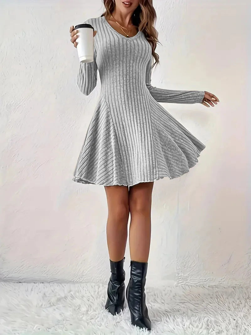 Women's V-Neck Knit Dress - Long Sleeve Swing Mini Dress, Elegant Bodycon Short Dress