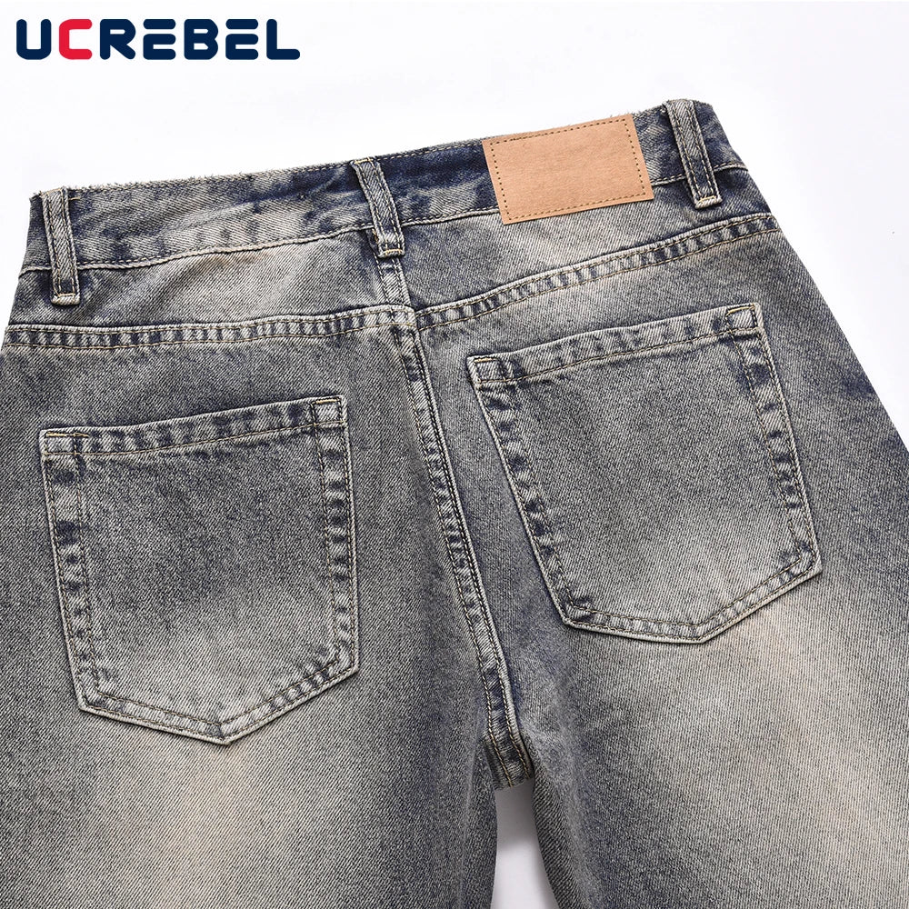 Washed Distressed Blue Denim Pants Mens Autumn Winter Casual Streetwear Straight-leg Jeans Men