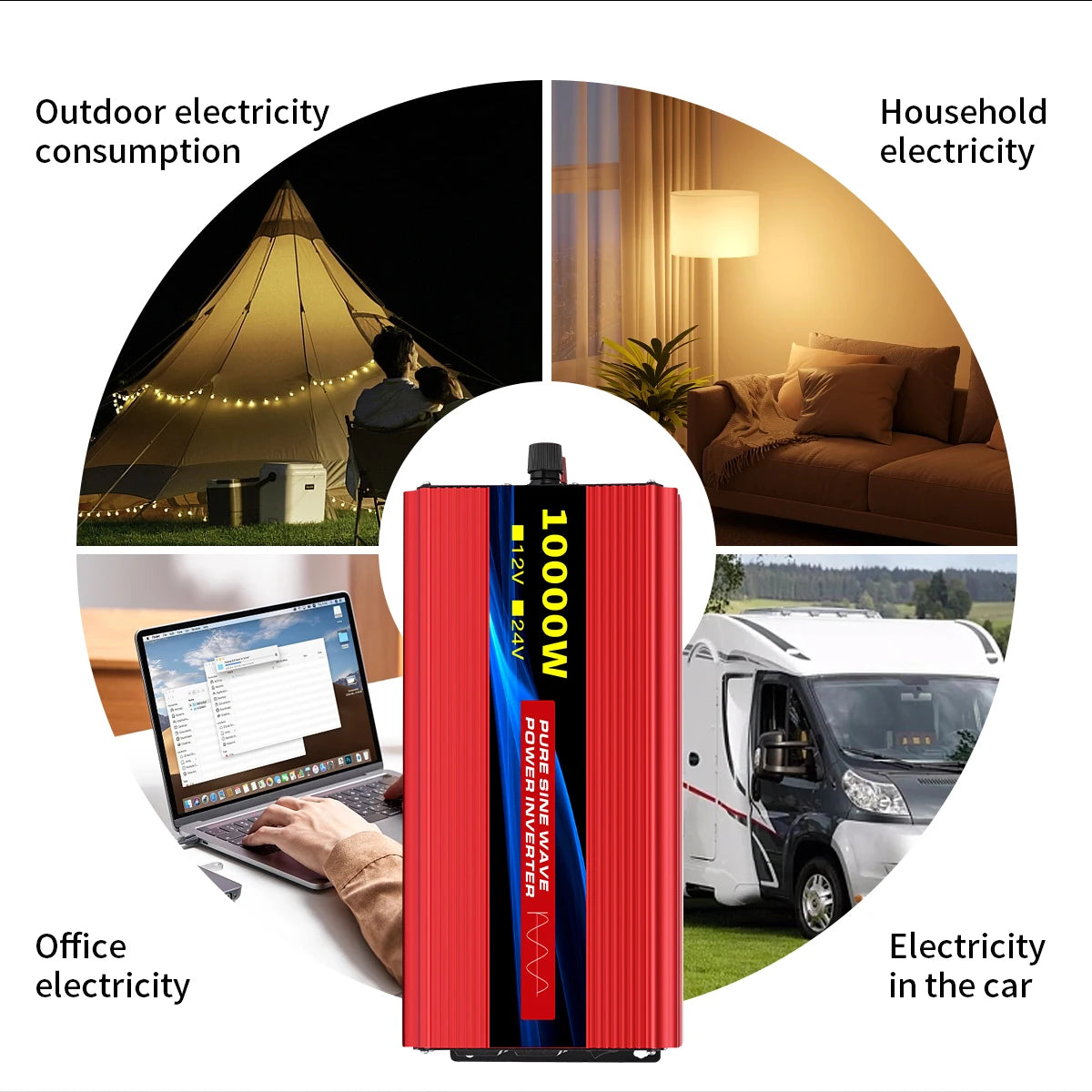 Power Inverter 10000W DC 12V to AC 110V 60HZ Pure Sine Wave Inverter with LCD Display Remote Control 4AC Outlets