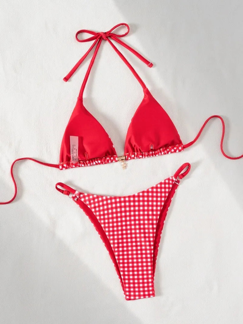 Retro Polka Dot Bikini Set Women Swimsuit Female Swimwear Micro Thong Bikinis Brazilian Halter Beach Wear Lace Up Bathing Suit
