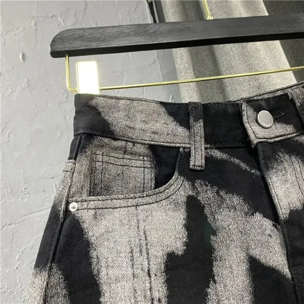 DAILOU Spring and Summer New Korean Spicy Girl Irregular Tie Dyeing High Waist Straight A-line Hairy Denim Wrapped Hip Shorts