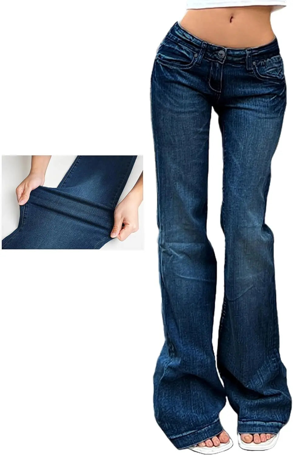 Women Washed Jeans Flare Pants Denim Mid Waist Slim Fit Pockets Button Solid Vintage Full Length Casual Denims Trousers