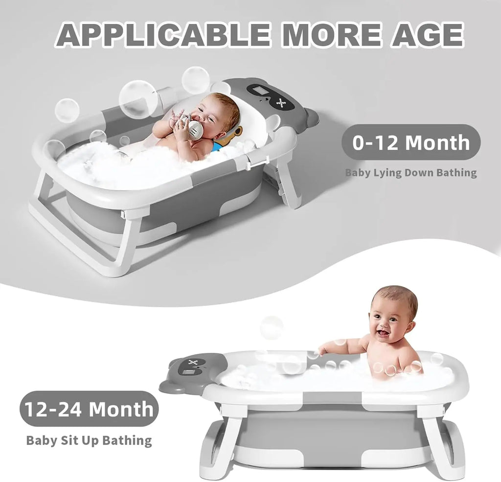 Baby Bath Tub with Bath Cushion Foldable Bathtub with Thermometer Shower Cap Shower Brush for Newborn and Toddler 0-36 Months