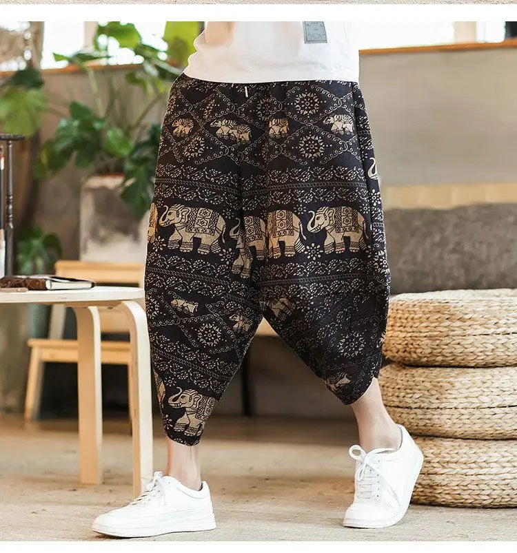 Men's Casual Cotton Linen Seven-Foot Pants Summer plus Size Lantern Loose Fit Shorts Harlan Style Comfortable Breathable Leis...