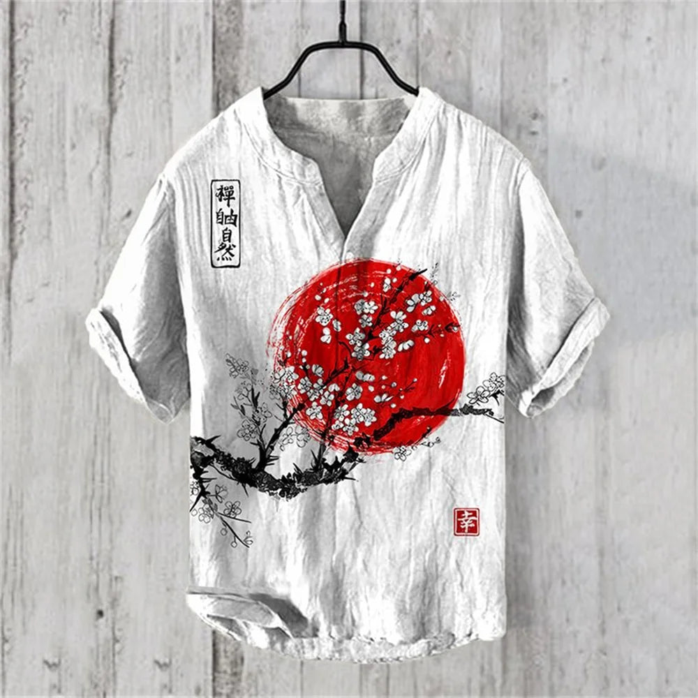 2024 New Men's Shirt Japanese Vintage Art Print Linen Short Sleeved Shirt Hawaiian Style Button Henry Neck Shirt
