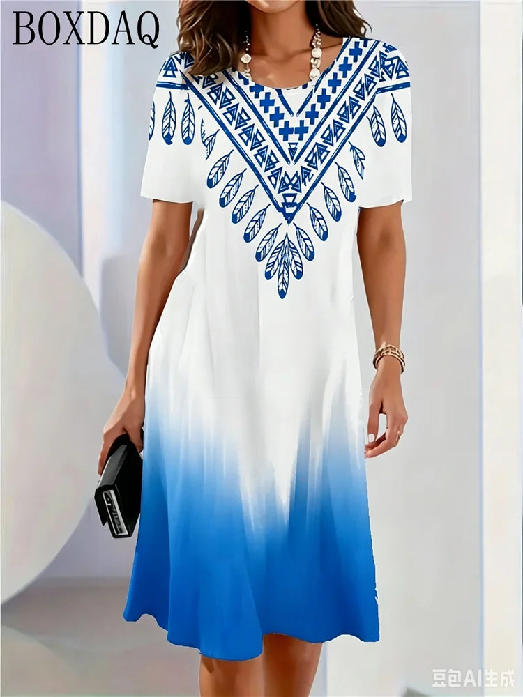 Retro Elegant Women's Summer Short-Sleeved O-Neck Casual Loose A-Line Dress 3D Digital Gradient Print New Dress