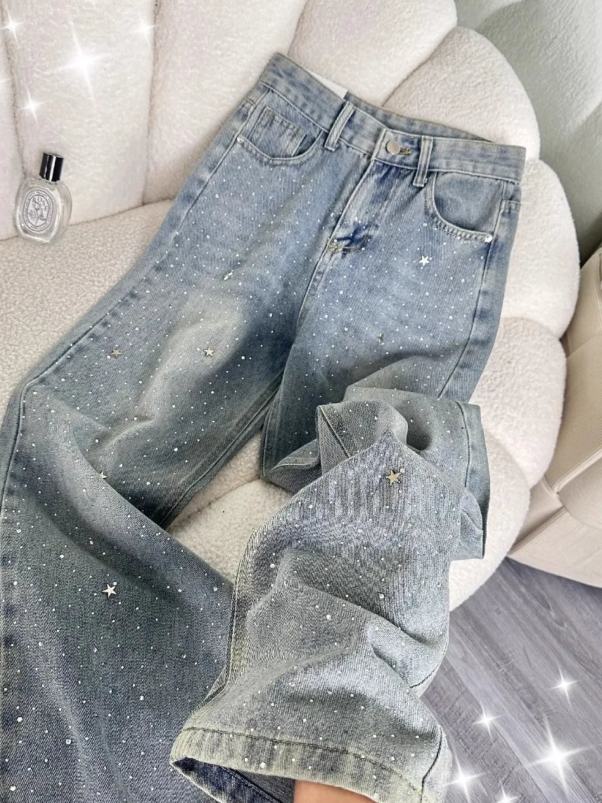 High Waist Shiny Sequin Star Design Casual Wide Leg Jeans Women's Light Blue Slimming Slim Fit Denim Pants Fashionable Versatile