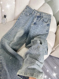 High Waist Shiny Sequin Star Design Casual Wide Leg Jeans Women's Light Blue Slimming Slim Fit Denim Pants Fashionable Versatile