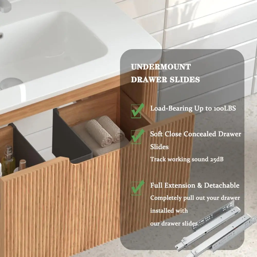 24'' Floating Bathroom Vanity with Sink, Wall Mounted Modern Bathroom Cabinet W/Curved Edges Stripes, Oak & Plywood,, Custom