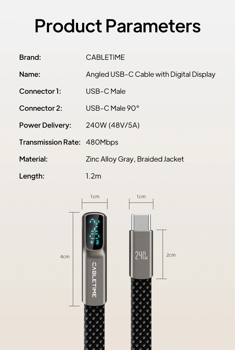 CABLETIME 240W USB C Cable Fast Charging Cable Data Sync Type C Display Cable for iPhone Duo iphone 18/17 Huawei MacBook Laptop