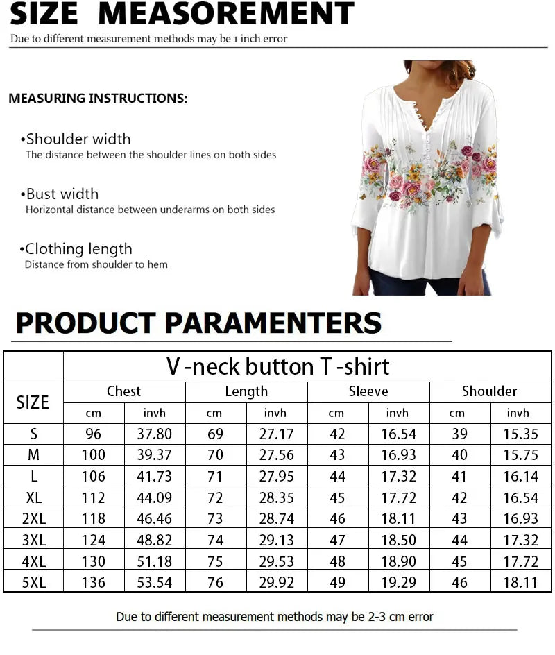 Women's V-Neck Button-Down T-Shirt Street Fashion Clothing New Summer High Quality Loose Casual Seven-Quarter Sleeve T-Shirt