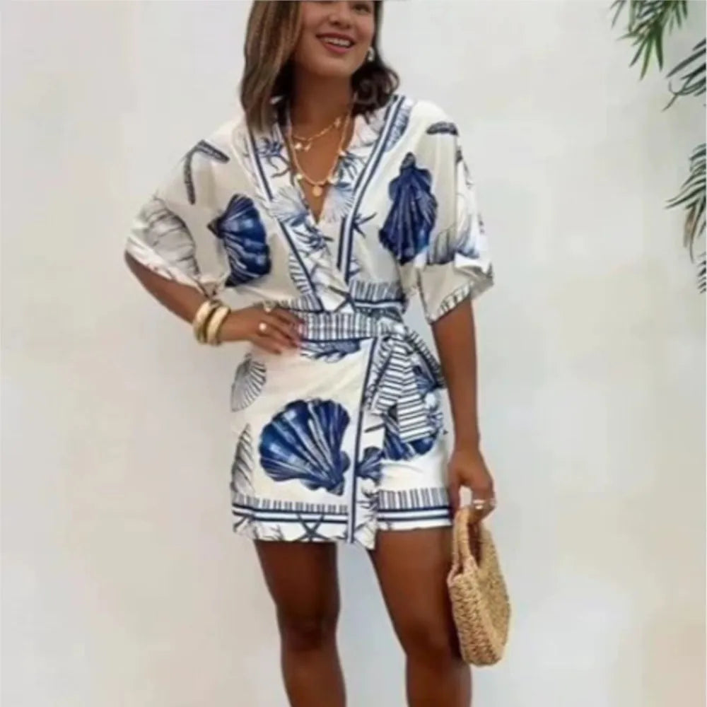 Fashion Printed Short Sleeve Women's V-neck Slim Fit Jumpsuit Summer New Casual Bohemian Female Vacation Lace Up Rompers 2026