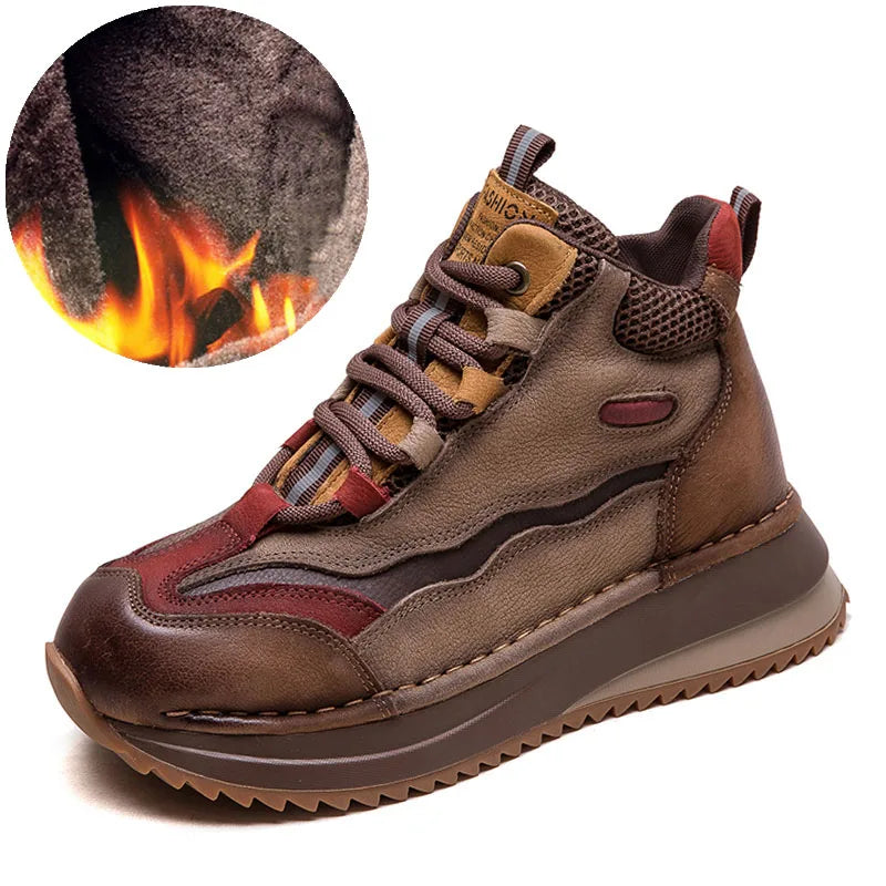 DRKANOL 2026 Women Boots Autumn Winter Mixed Colors Genuine Cow Leather Warm Ankle Boots Ladies High Top Casual Sneakers Shoes