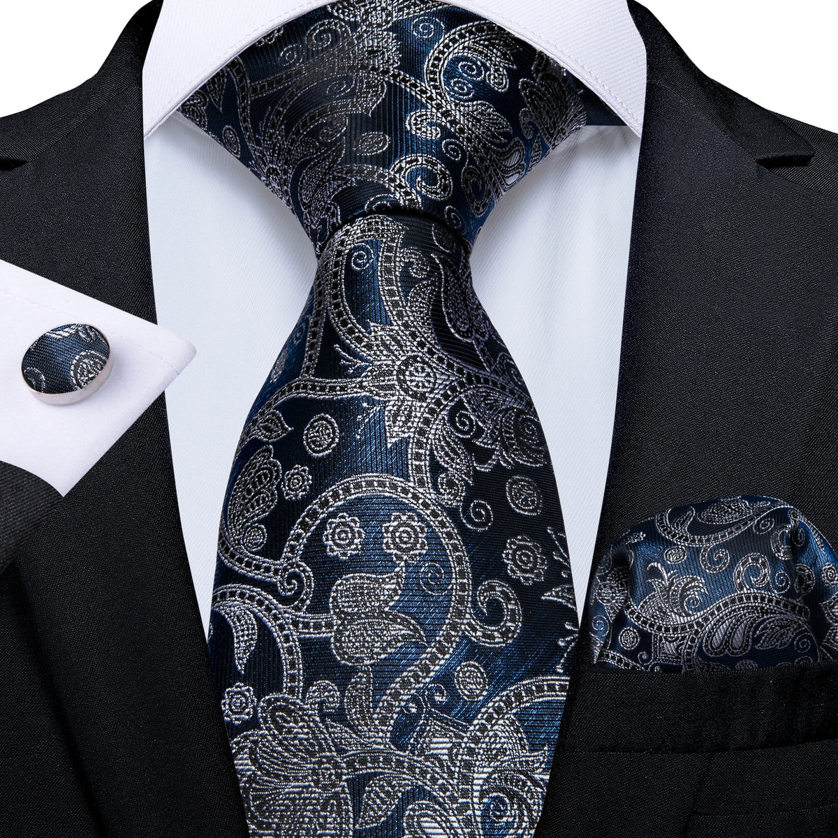 8cm Men's Polyester Ties Pocket Square Cufflinks Green Gold Paisley Wedding Party Accessories Necktie Gift