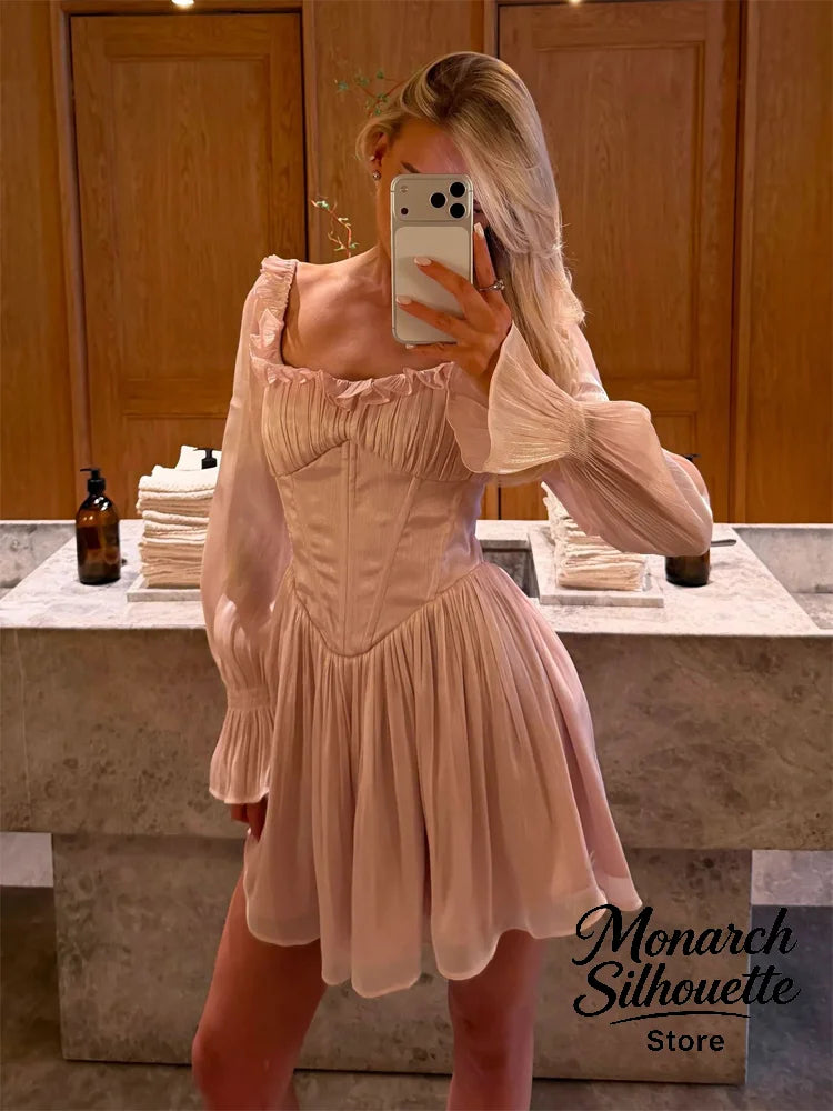 Elegant Square Collar Ruffle Trim Dress Women Chic Solid Full Sleeves Waist Cinching Short Dresses Lady Sexy Street Robes New