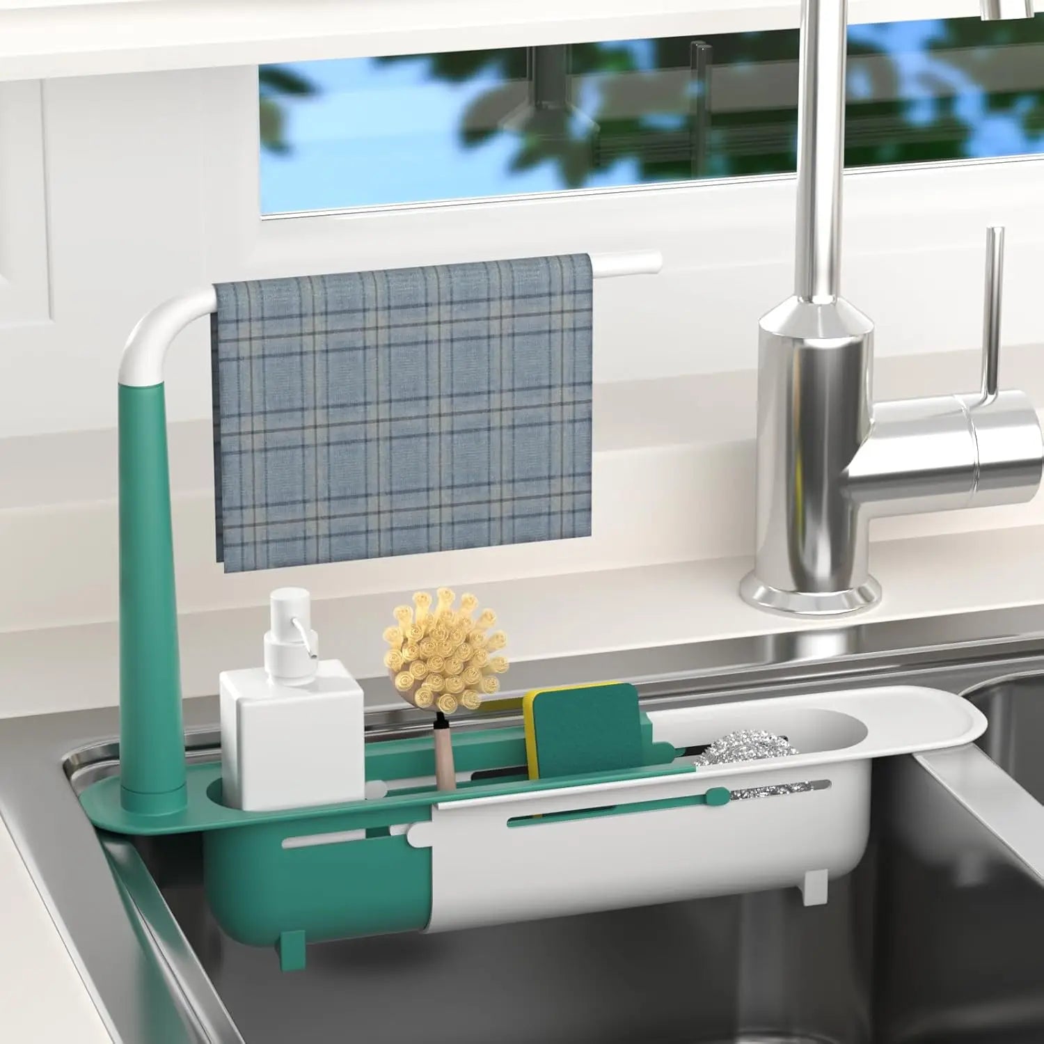 Multipurpose Sink Organizer Rack Telescopic Design with Two Sponge Holders Keeps Kitchen Counter Dry Neat for Cleaning Storage