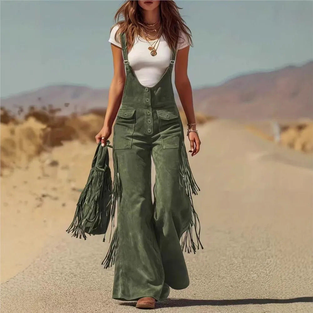Women's Fashion Retro Western Tassel Wide Leg Jumpsuit 2026 New Casual Pocket Straps Female All-Match Rompers