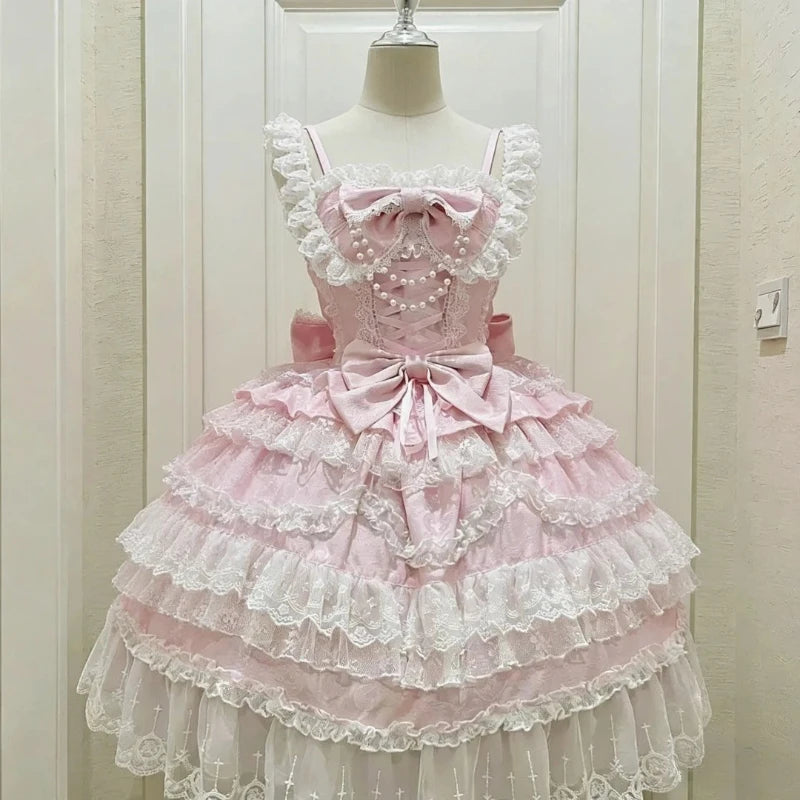 2025 Japanese Sweet Lolita Kawaii Dress Women Spring Printed Bow Fake Two Piece Dress Female Korea Style Design Party Clothing