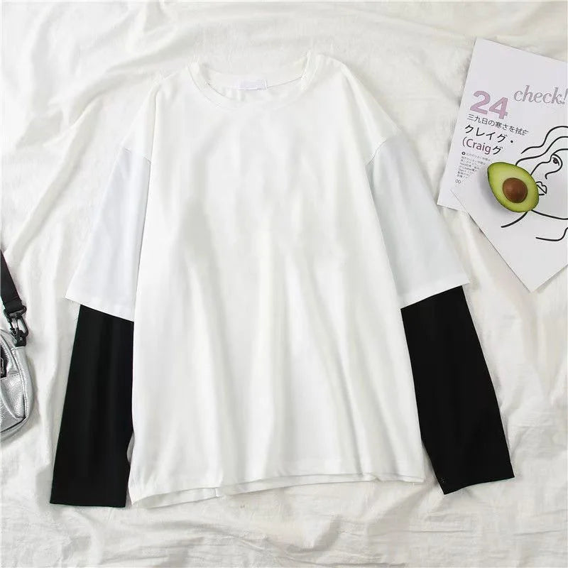 New Harajuku Black White Striped Y2K Long Sleeve Solid Color T-shirts Men Women Fall Fake Two Piece Long Sleeve Loose T-shirt