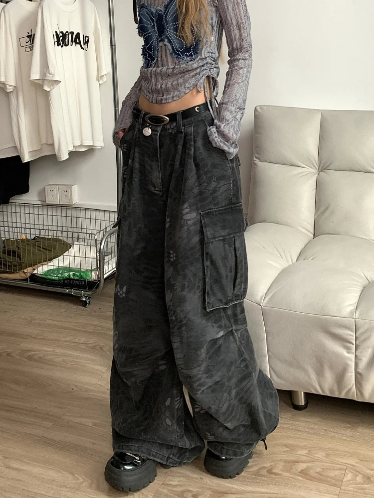 Plus Size Womens Loose Jeans Casual Comfort Stretch Denim Pants Wide Leg Trousers Camo Snake Design Trendy