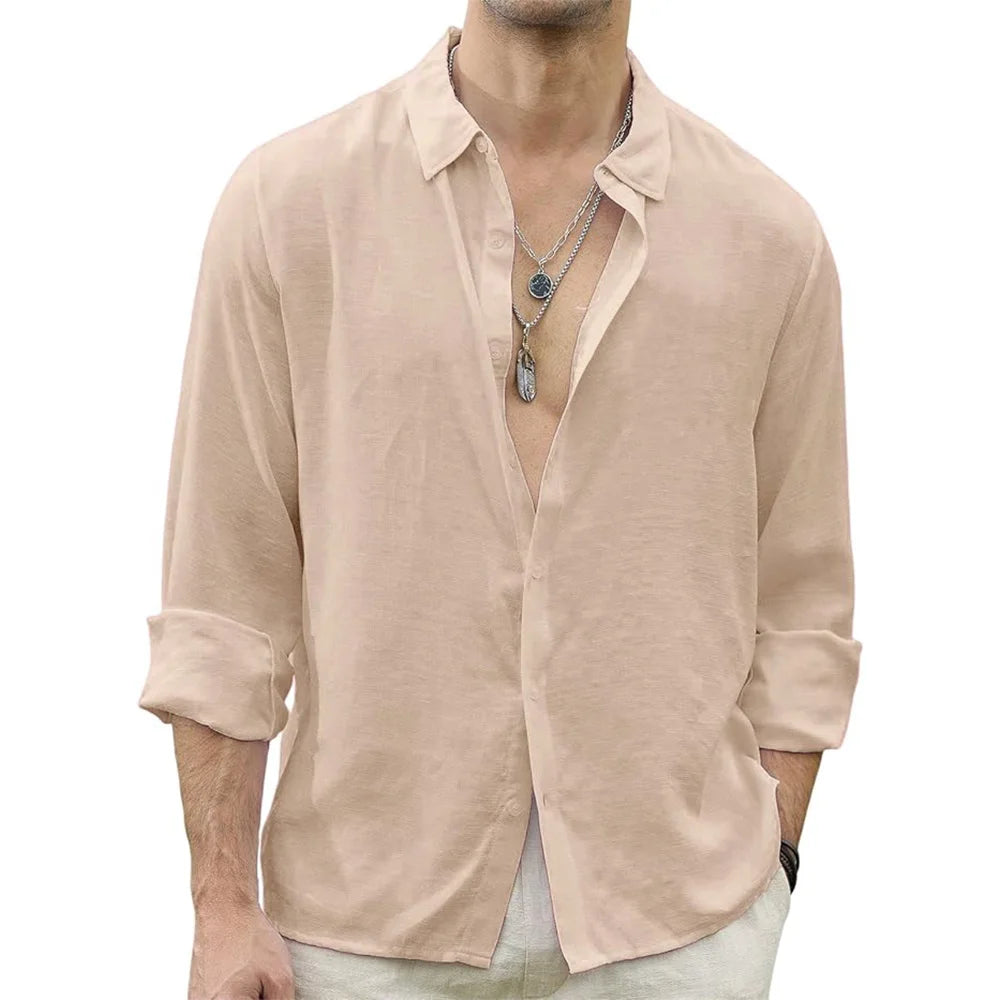 Men Beach Shirts Cotton Linen Shirts Men's Causal Loose Solid Color Long Sleeves Men's Autumn Hawaiian Streetwear