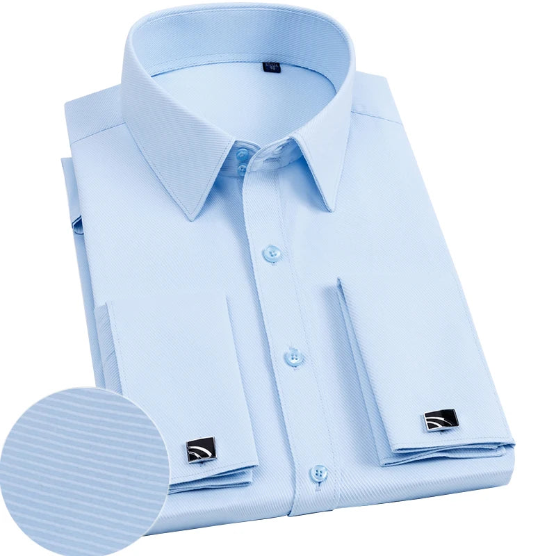 Men's Slim Fit French Cufflink Shirt Long Sleeves Double Cuff Solid Color High End Wedding Formal Dress Casual Men's Clothing
