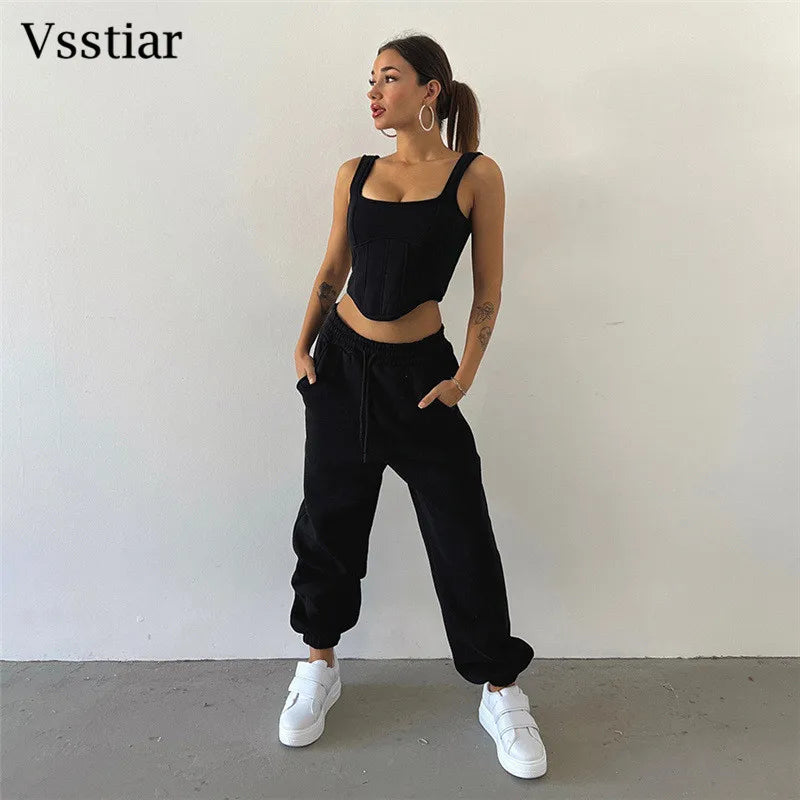 Vsstiar Women Three Piece Set Long Sleeve Hooded Crop Top Irregulary Tanks Pockets Pants Casual Tracksuit Fashion Female Clothes