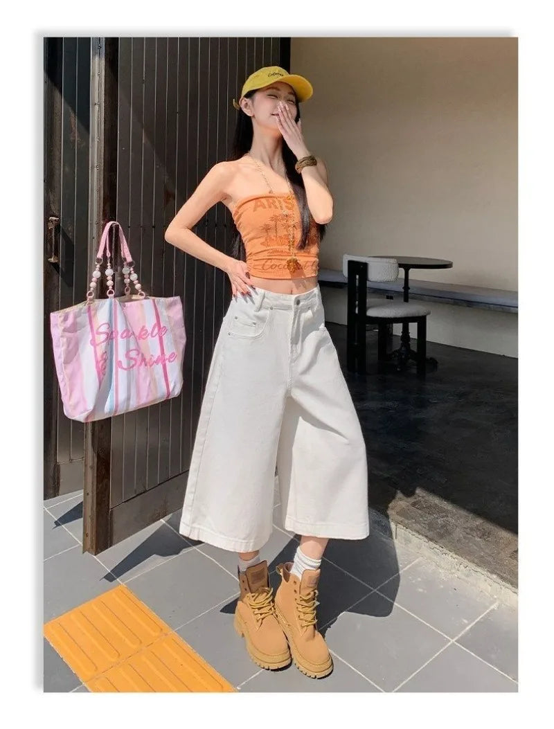 Retro High Waist Wide-leg Jeans Women Summer New Fashion Loose Straight Calf-Length Denim Pants Female Orange Whiter Cowboy Pant
