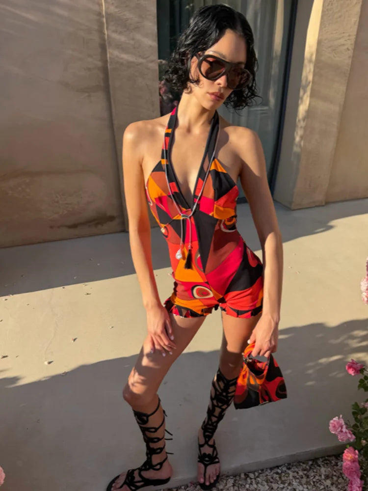 Sexy Print Women's Playsuit Beach Halter Backless Pleated Sleeveless V-neck Jumpsuit Women 2026 Summer Vacation Lady New