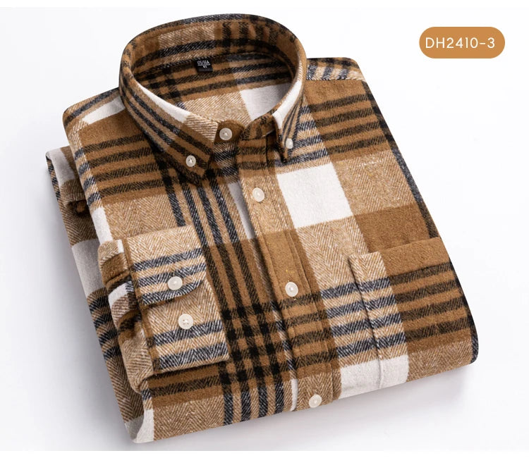 Men's Long Sleeve Flannel Plaid Shirt - Soft Pure Cotton, Button Down Shirts Thick Autumn Winter - Weekend Casual, Going Out