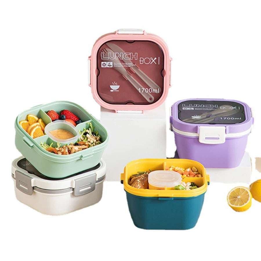 Double Stackable Lunch Box, 50 oz. Large Salad Bowl, 4 Compartment Tray, 3 oz. Sauce Container, Built-In Reusable Fork & Spoon