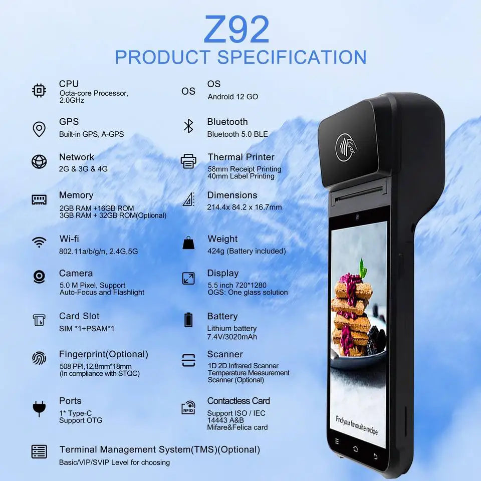 Z92 Handheld Smart Android 12 POS Terminal 5.5 "Touchscreen Cash Register with NFC Reader Scanner 58mm Thermal Receipt Printer