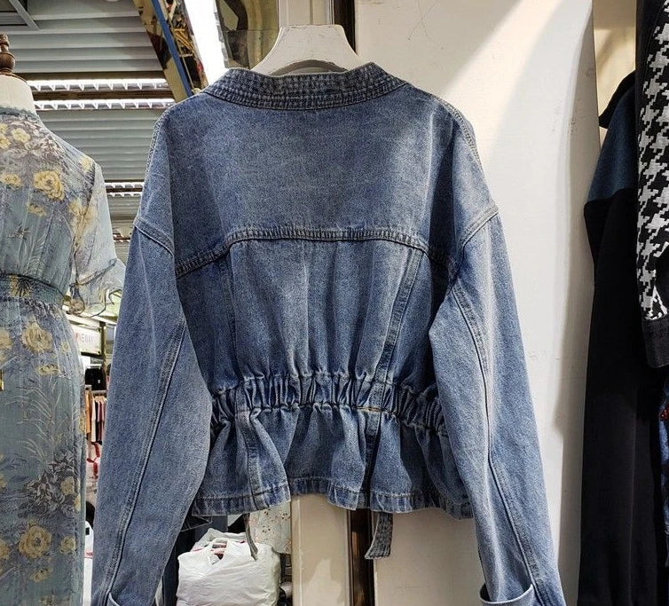 Denim Jacket for Women Plain Cinched Waist Slim Woman Jean Coat Blue Outerwear Spring Autumn 2025 Fashion Low Price Y2k Clothes