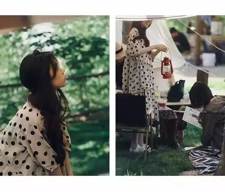 Fashion Retro Cotton and Linen Polka Dot Dress for Women Loose Slim Puff Sleeve Linen Doll Skirt