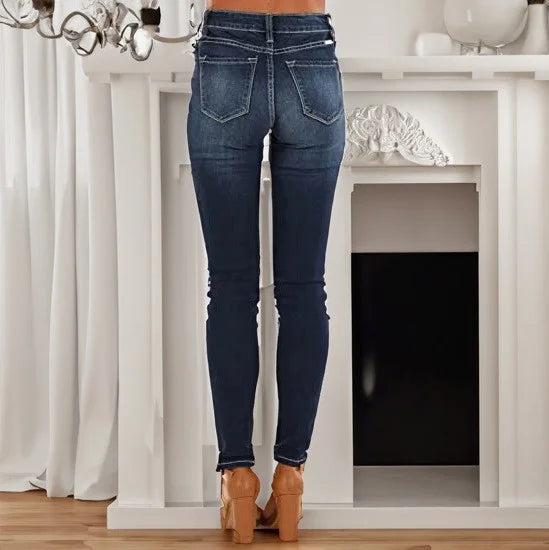 Women's Fashionable Elegant Casual Versatile Washed Cat's Whisker Pattern Skinny Fit Denim Jeans for Daily Wear