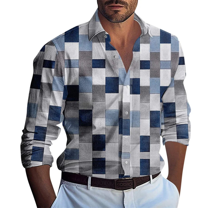 New Men's Long Sleeve Shirt Casual Fashion 3D Grid Printed Pattern Button Folding Classic Shirt Top