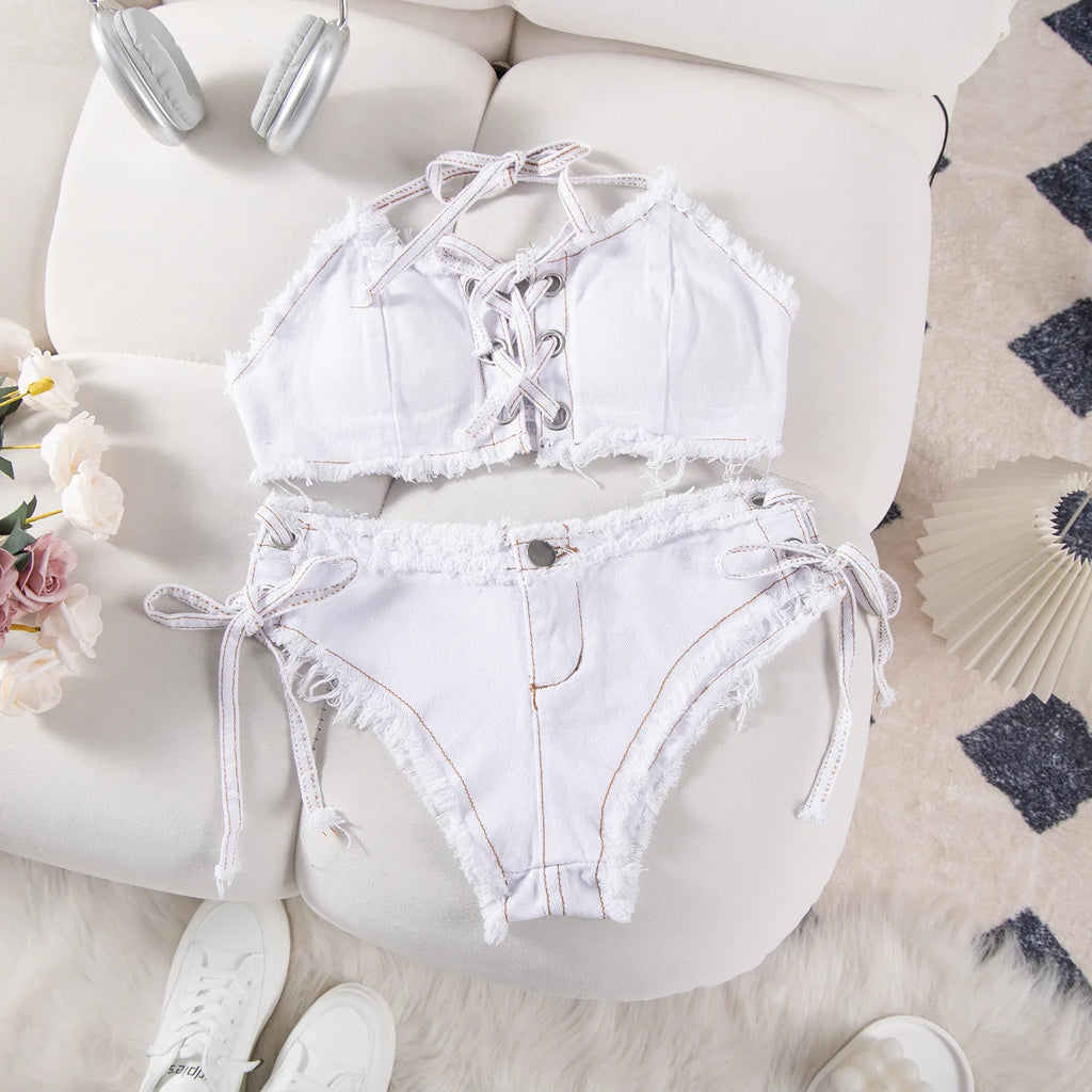 DEKA Retro Women Bikini Denim Suits Summer Halter Camis+ Mini Pant Lingerie Fashion Vacation Swimsuits Sexy Bra&Briefs Sets
