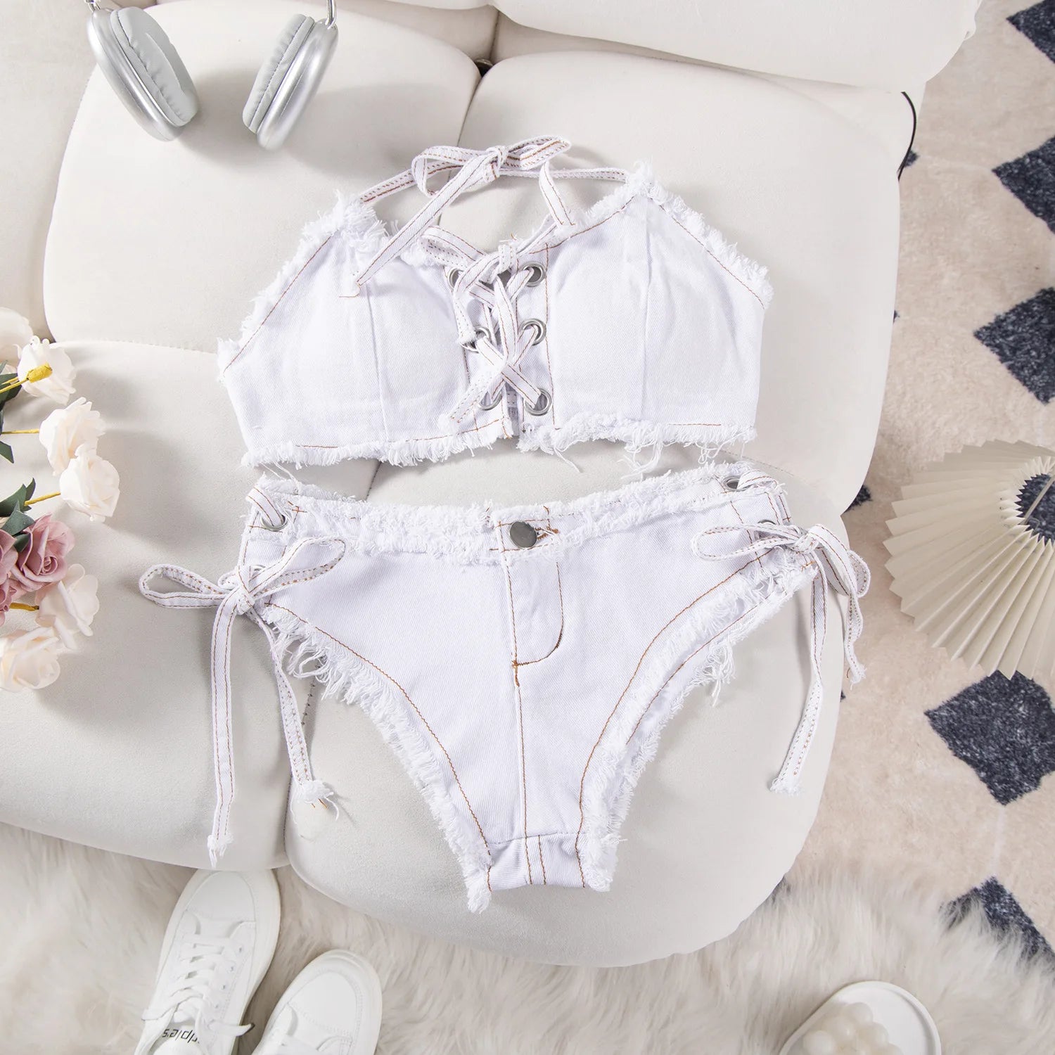 DEKA Retro Women Bikini Denim Suits Summer Halter Camis+ Mini Pant Lingerie Fashion Vacation Swimsuits Sexy Bra&Briefs Sets