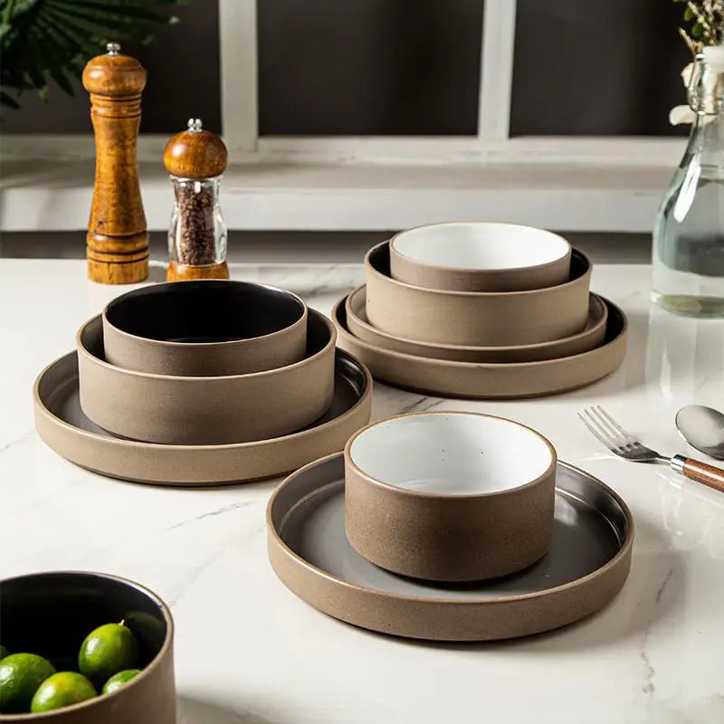 Retro Japanese Style Ceramic Bowl Set for Home Use round Shape Dinnerware Tray Dumpling Soup Noodle Bowl Matte Finish Utensils